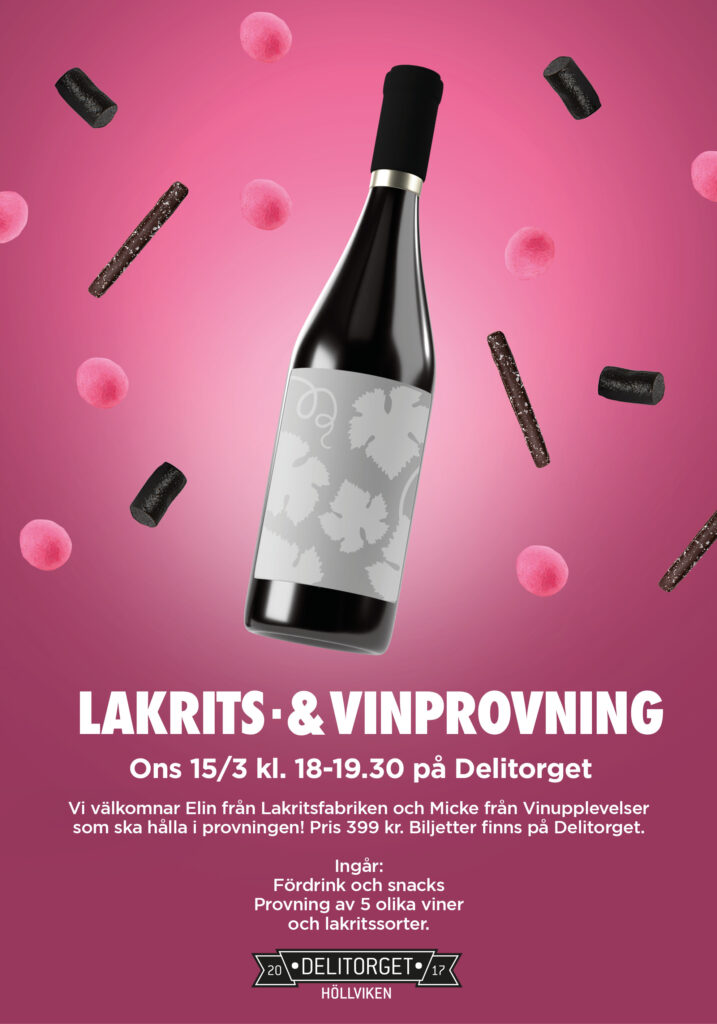 Lakrits och vinprovning på Delitorget i Höllviken. Grafik av Madeleine Alm Aya Sweden