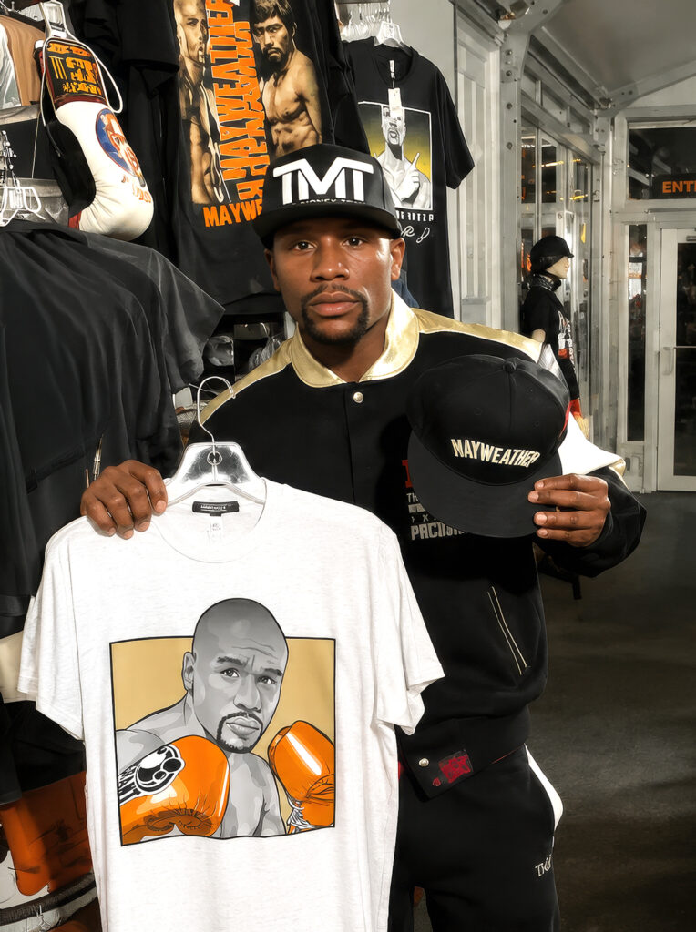 Floyd Mayweather wearing official merchandise featuring original artwork