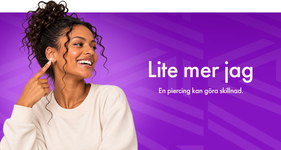 YAA Piercing purple campaign graphic featuring a smiling woman and the slogan Lite mer jag